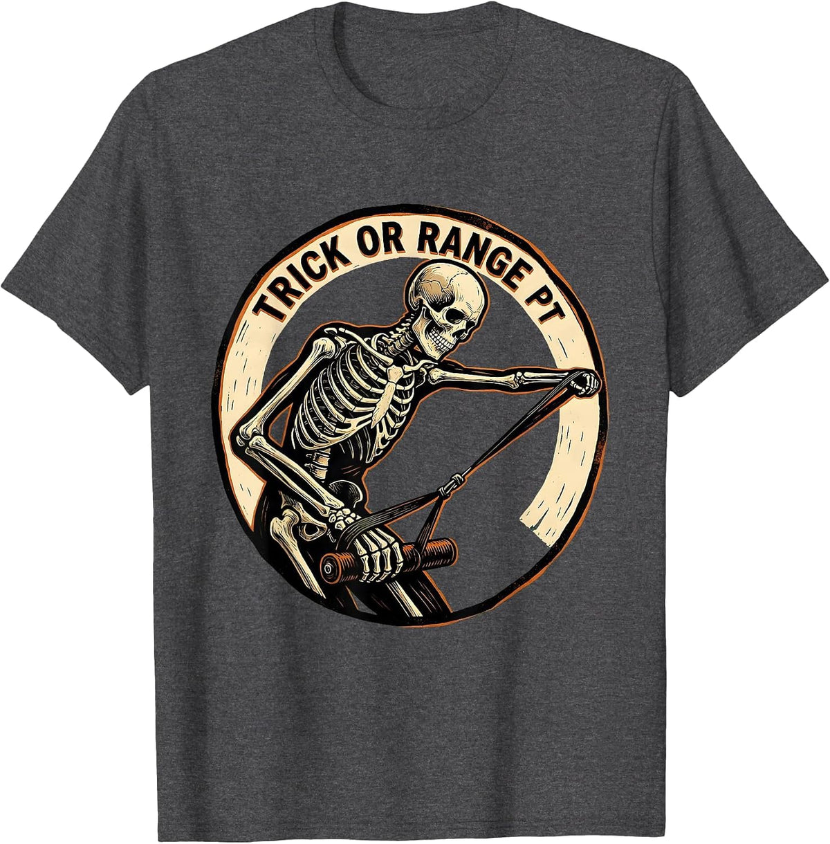 Men's Trick Or Range PT Linocut Halloween Physical Therapy T-Shirt - Dark Heather Grey