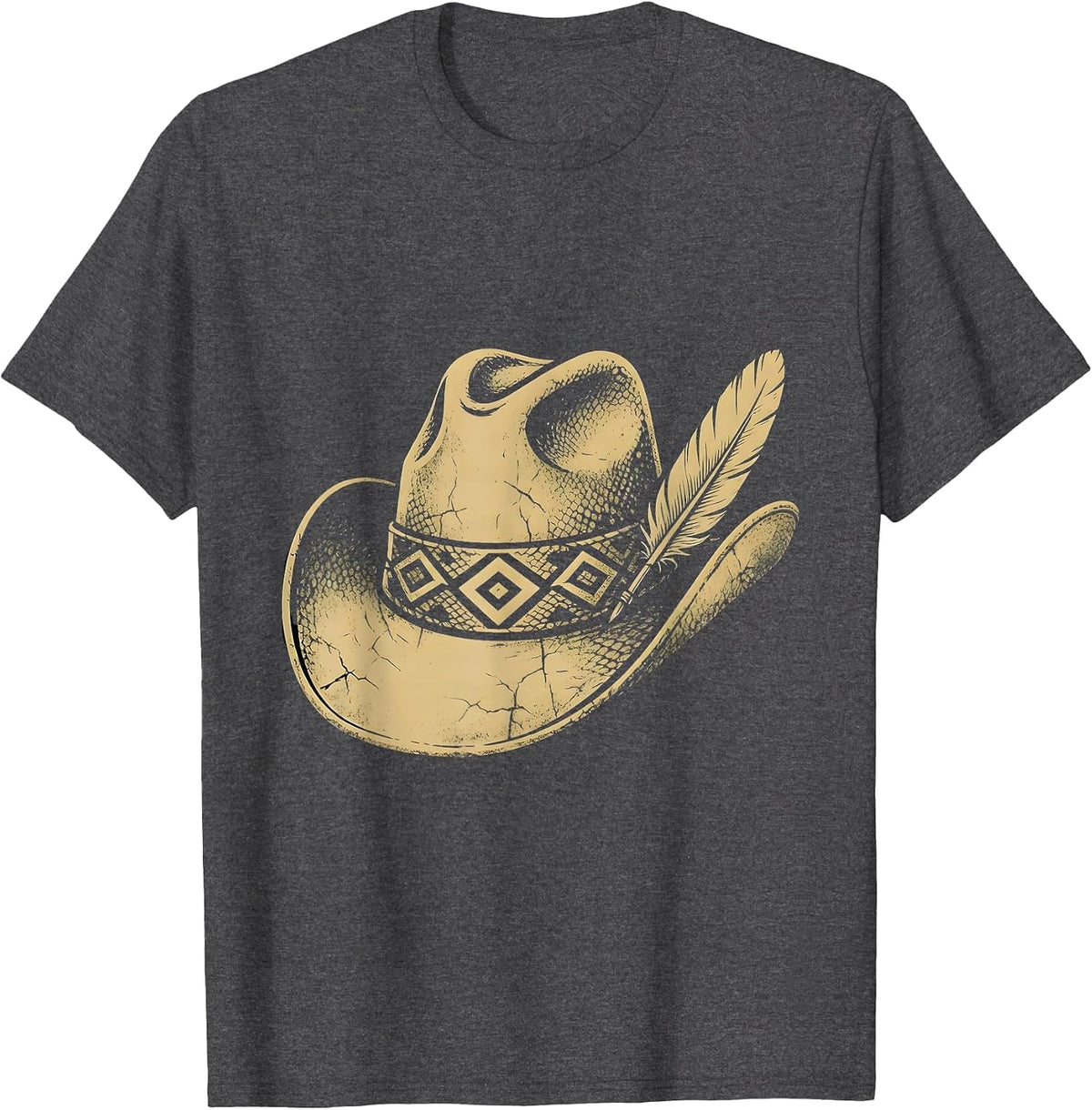 Men's Cowboy Hat Feather Snakeskin Band Western Design T-Shirt - Dark Heather Grey
