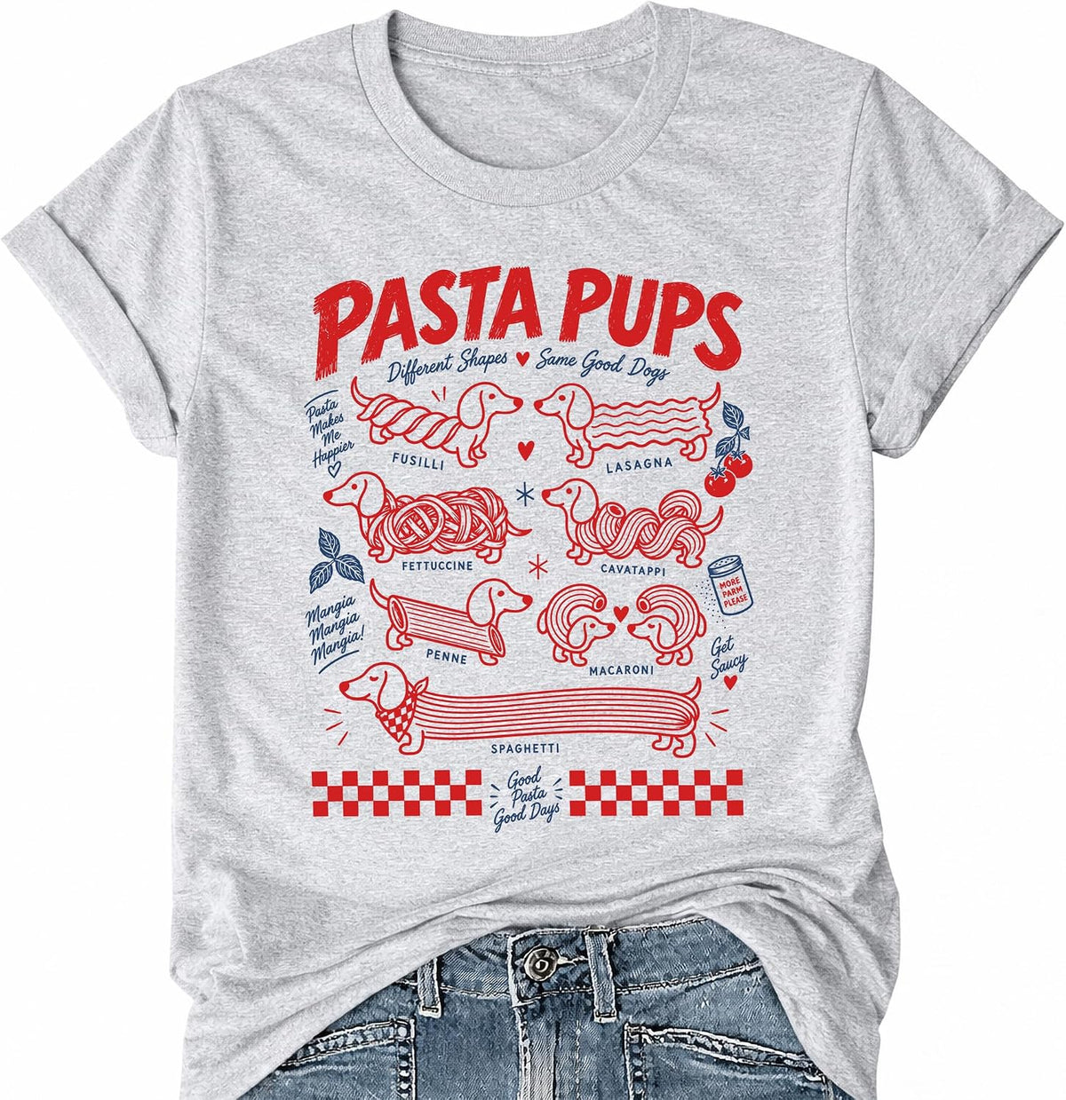 Pasta Pups Shirt Italian Cuisine Dachshund Food Graphic T-Shirts - Grey Crewneck