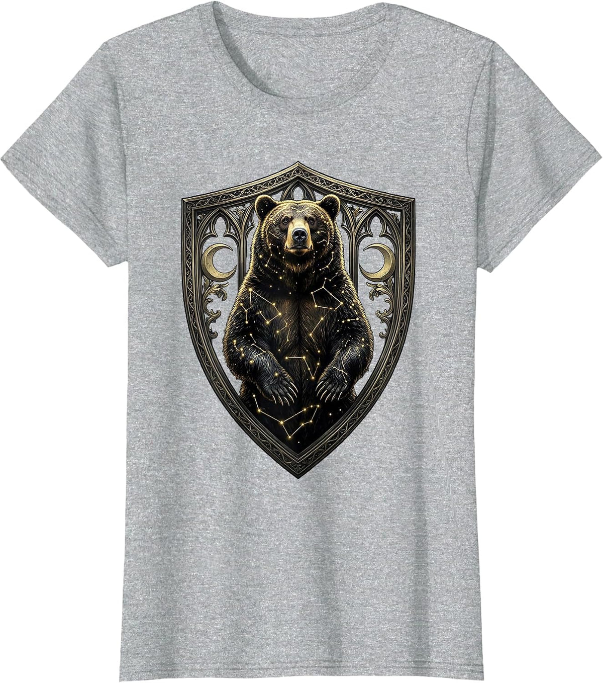Black Bear Gold Constellation Celestial Art Design T-Shirt - Heather Grey