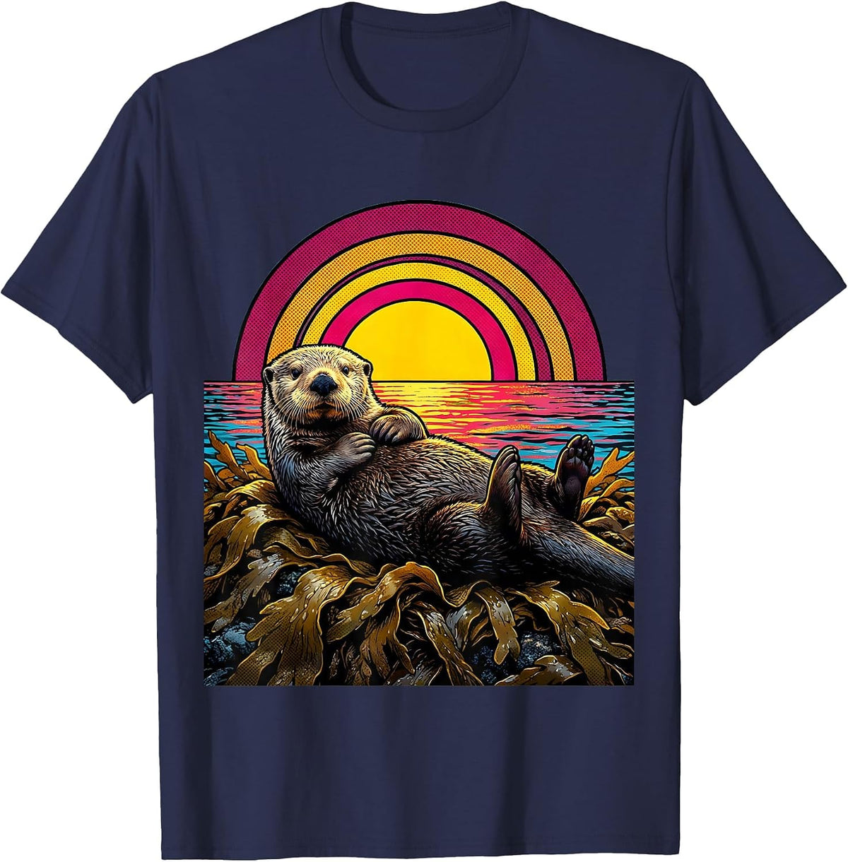 Men's California Sea Otter Floating on Kelp Sunset T-Shirt - Navy Blue