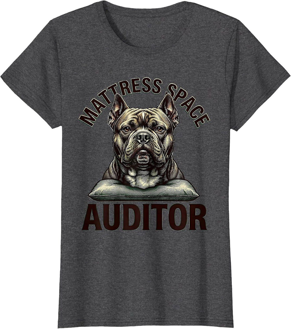 Women's Mattress Space Auditor Funny Pitbull Dog Owner Humor T-Shirt - Dark Heather Grey