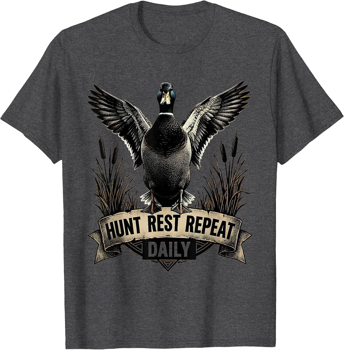 Duck Camo Hunt Rest Repeat Daily Design T-Shirt - Dark Heather Grey