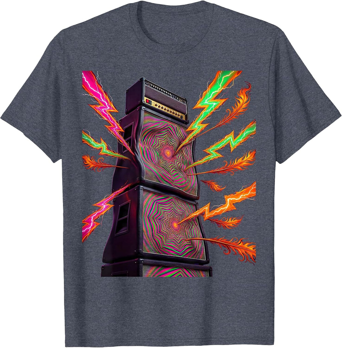 80s Rock Amp Stack Exploding Lightning Bolts T-Shirt - Heather Blue