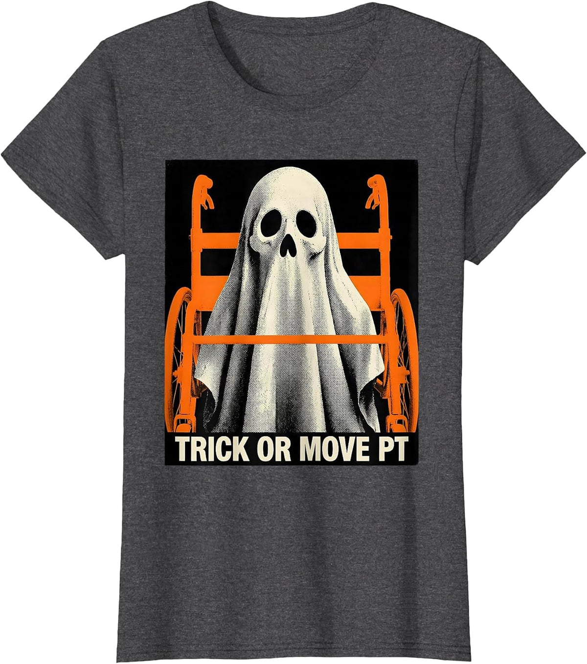 Women's Trick Or Move PT Funny Physical Therapy Ghost Halloween T-Shirt - Dark Heather Grey