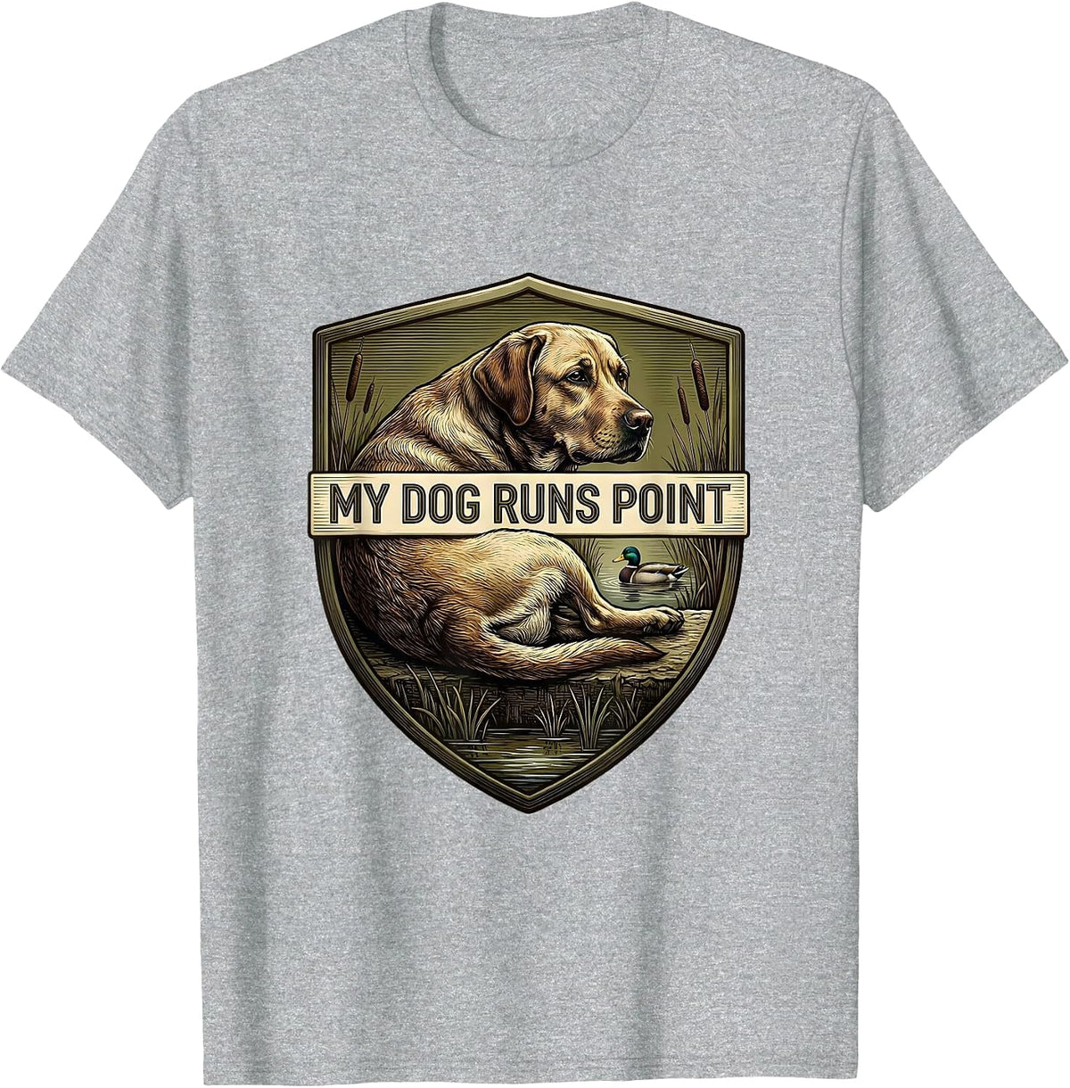 Men's My Dog Runs Point Emblem Local Boy Hunting Dog Waterfowl T-Shirt - Heather Grey