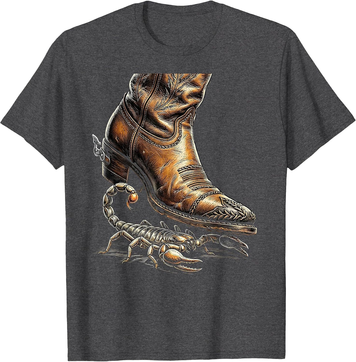 Men's Cowgirl Boot Crushing Scorpion Graphic Tee T-Shirt - Dark Heather Grey