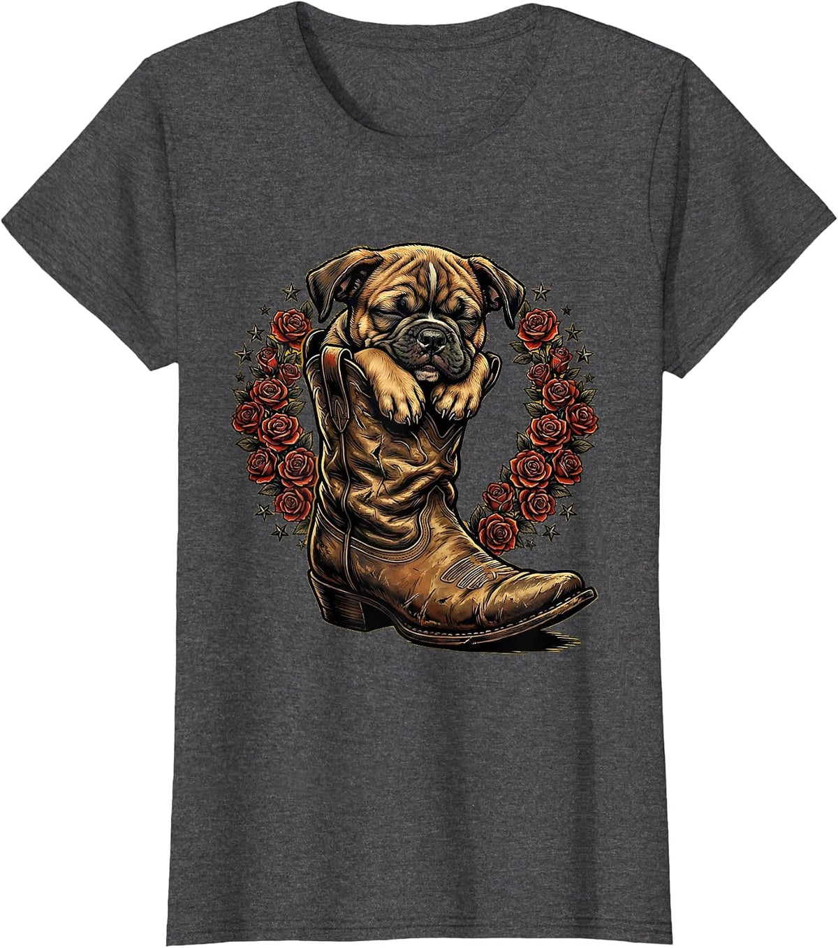 Women's Pitbull Puppy Sleeping in Oversized Boot T-Shirt - Dark Heather Grey