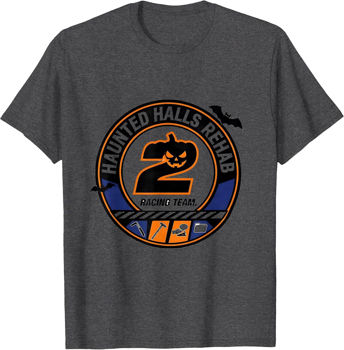 Haunted Halls Rehab Racing Team Funny Physical Therapy T-Shirt - Dark Heather Grey