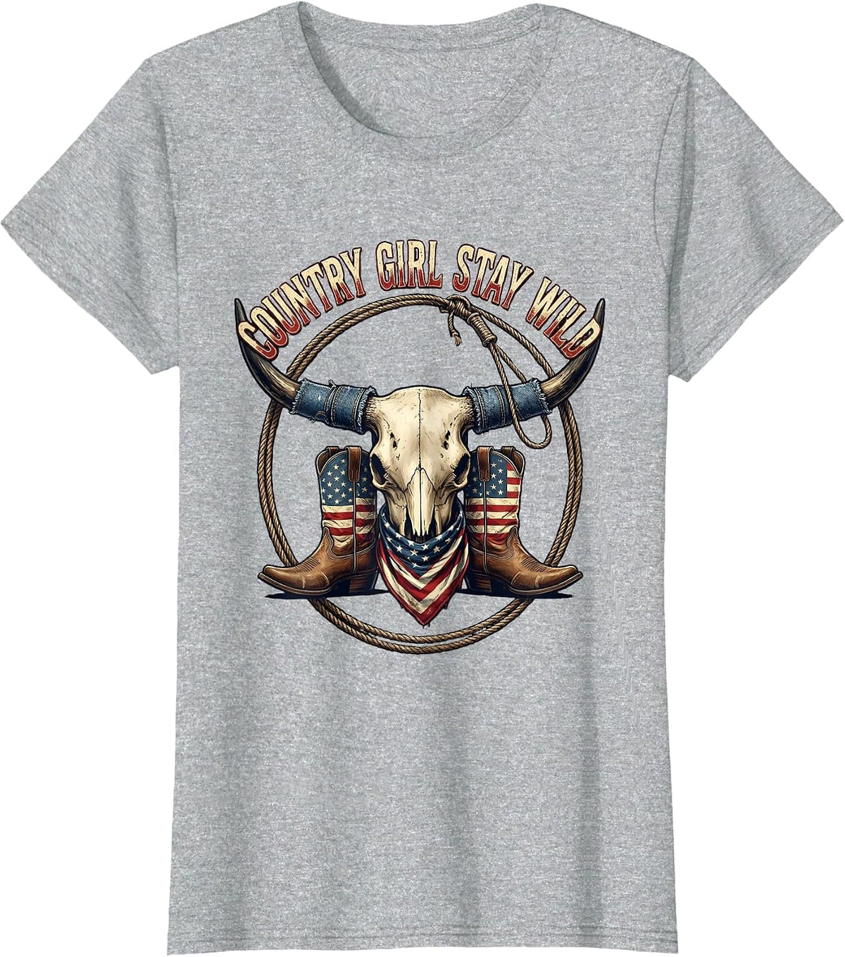 Country Girl Stay Wild Denim Cowgirl Design T-Shirt - Heather Grey