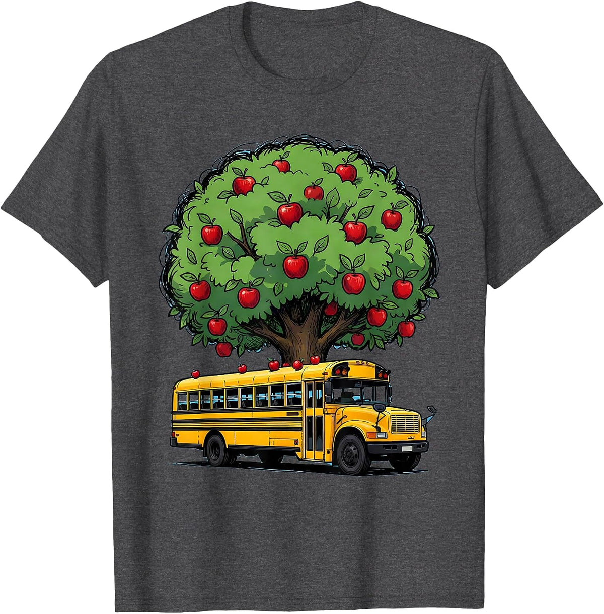 Men's Elementary Teacher Apple Tree School Bus Graphic T-Shirt - Dark Heather Grey