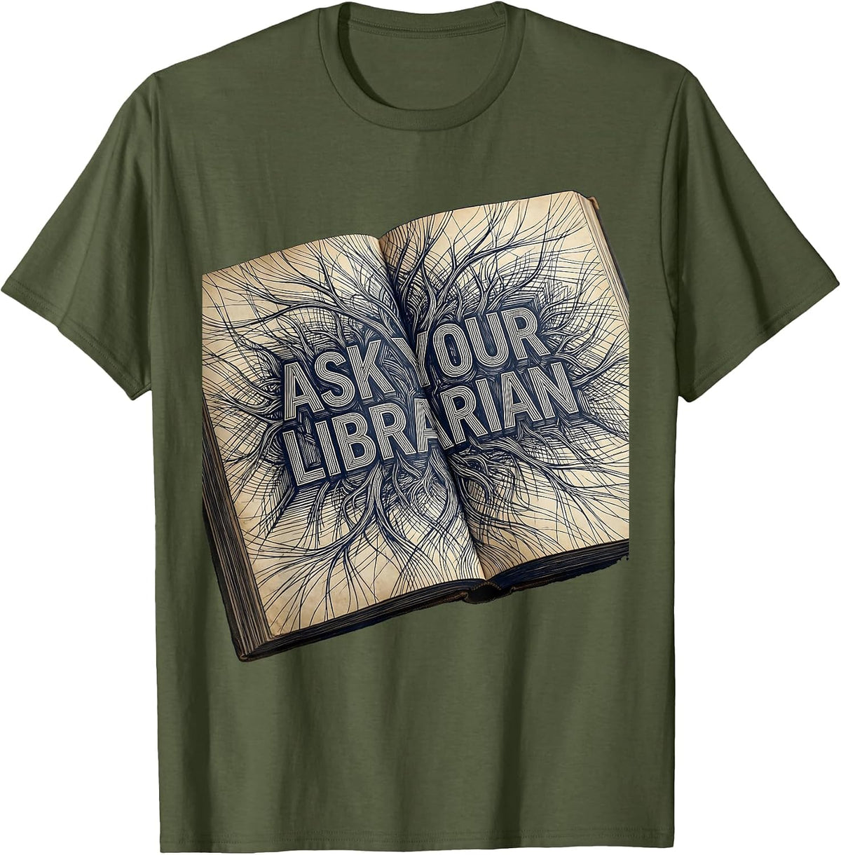 Men's Ask Your Librarian Book Lover Design T-Shirt - Olive Green
