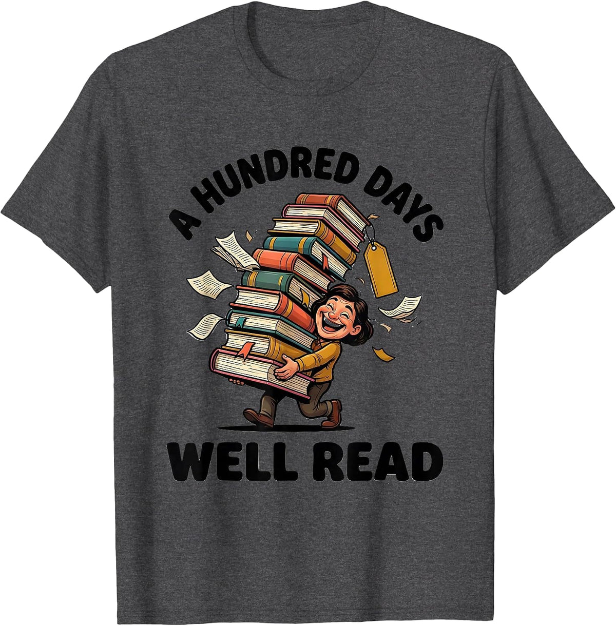 Men's A Hundred Days Well Read Cartoon Reading Teacher Librarian T-Shirt - Dark Heather Grey