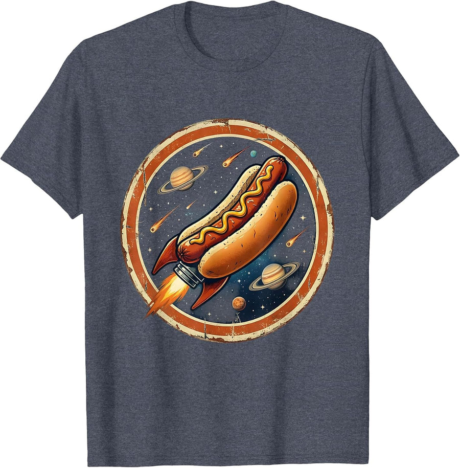 Hot Dog Flying Through Outer Space Graphic T-Shirt - Heather Blue