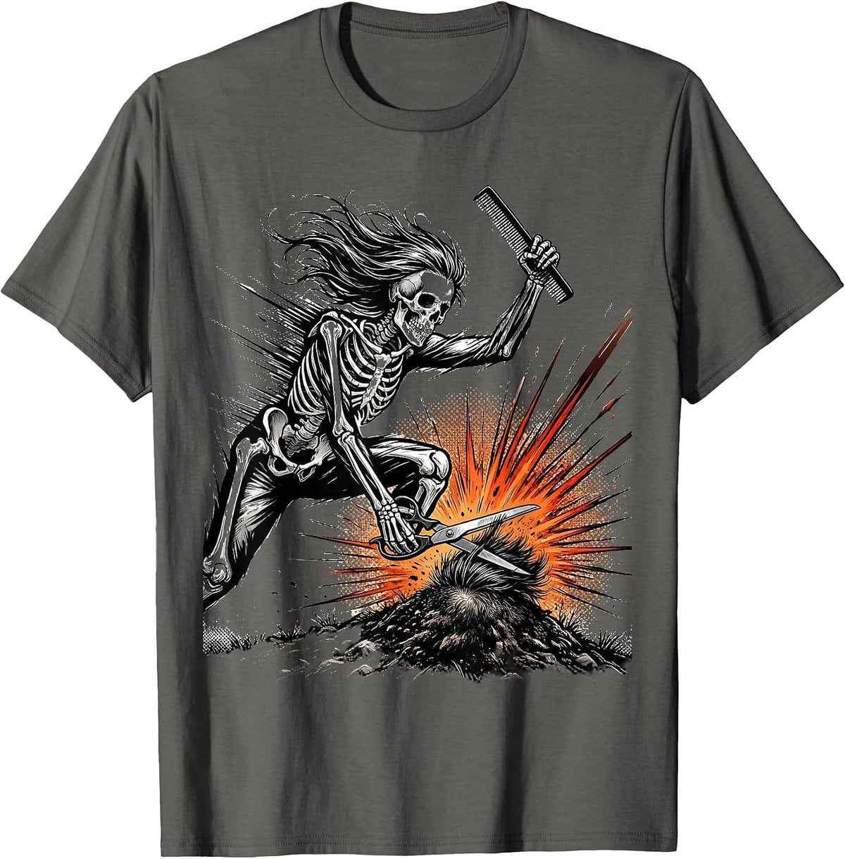 Skeleton Hairstylist Dynamic Haircut Halloween Humor T-Shirt - Asphalt Grey