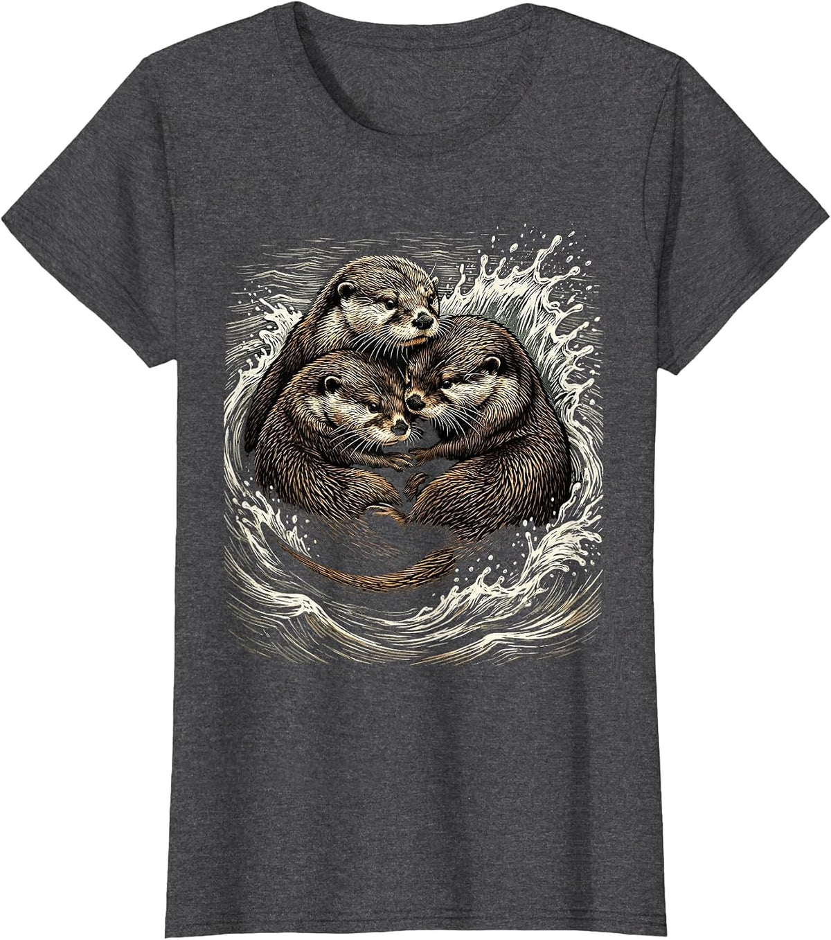 Women's Otter Family in River Current Graphic T-Shirt - Dark Heather Grey