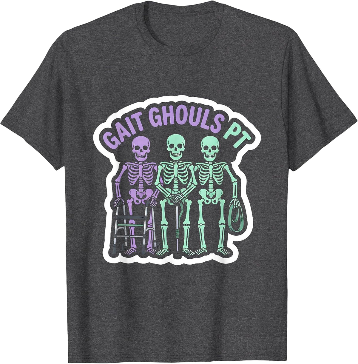 Men's Gait Ghouls PT Funny Physical Therapy Halloween Skeleton T-Shirt - Dark Heather Grey