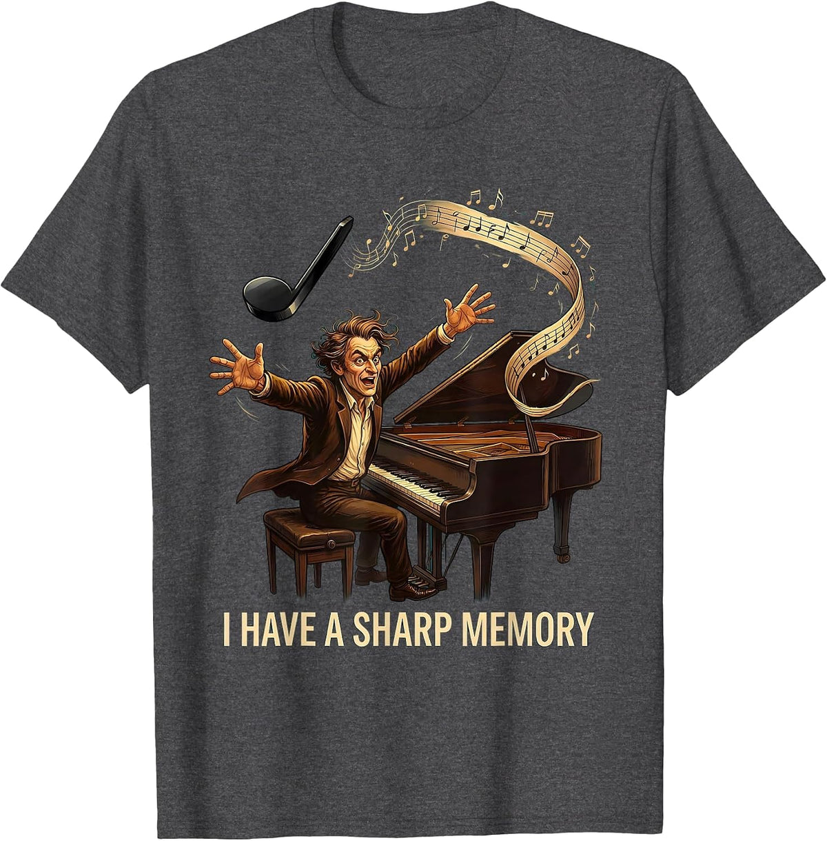 Men's I Have A Sharp Memory Funny Pianist Keyboard Player Humor T-Shirt - Dark Heather Grey