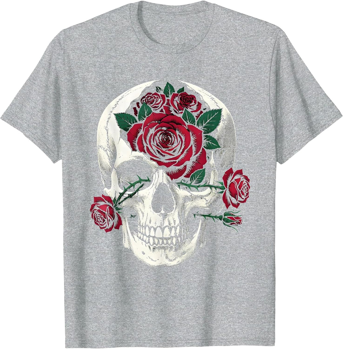 Men's Skull and Roses Rock and Roll Graphic Design T-Shirt - Heather Grey
