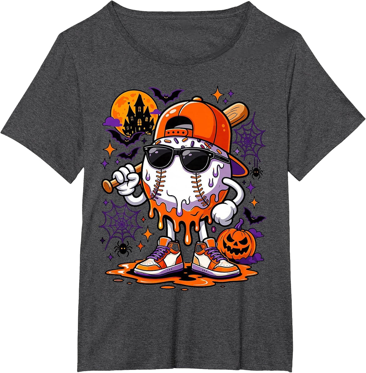 Baseball Drip for Boys Ice Cream Drip Baseball Halloween T-Shirt - Dark Heather Grey