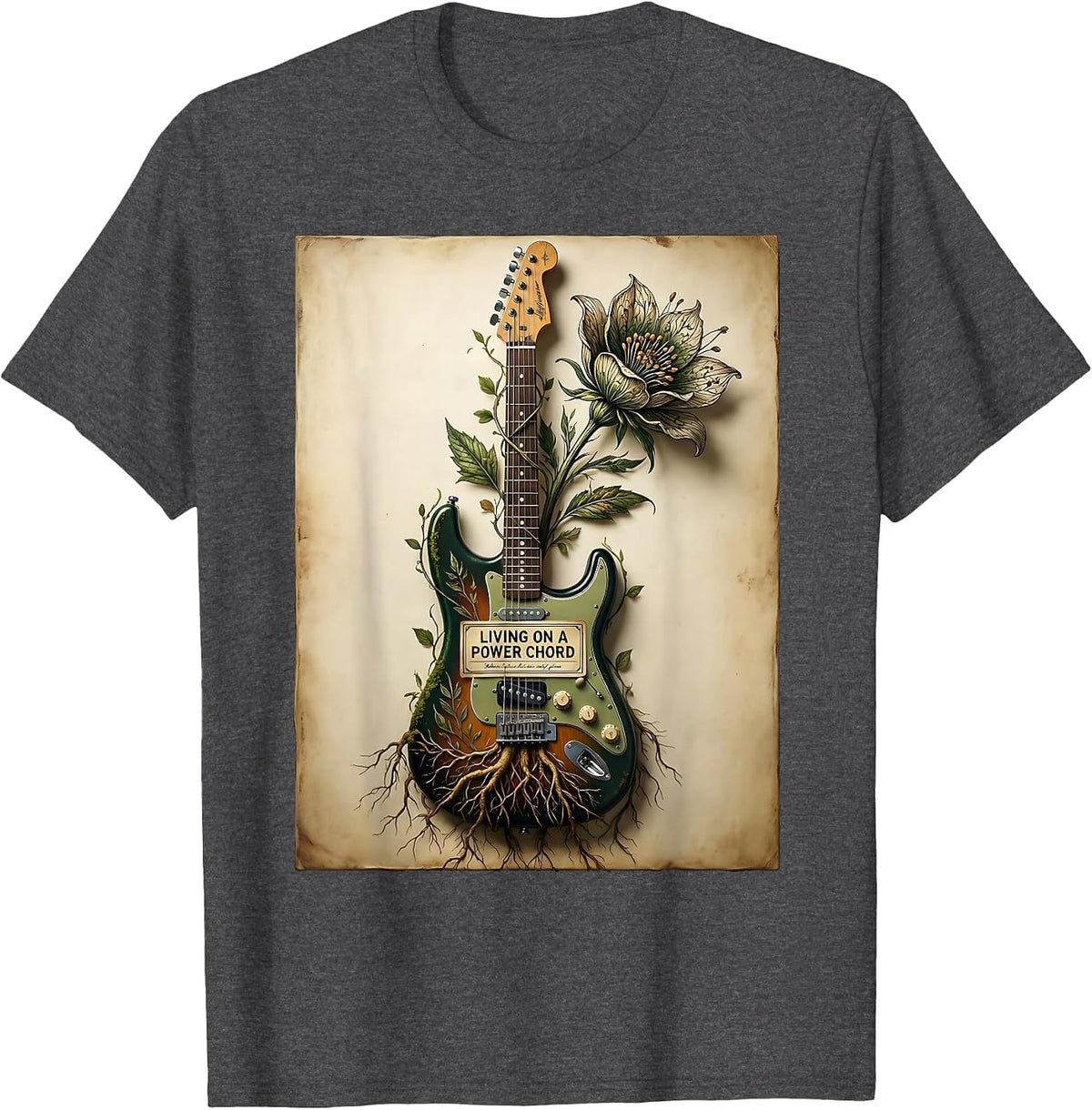 Living on a Power Chord 80s Rock Band Design T-Shirt - Dark Heather Grey