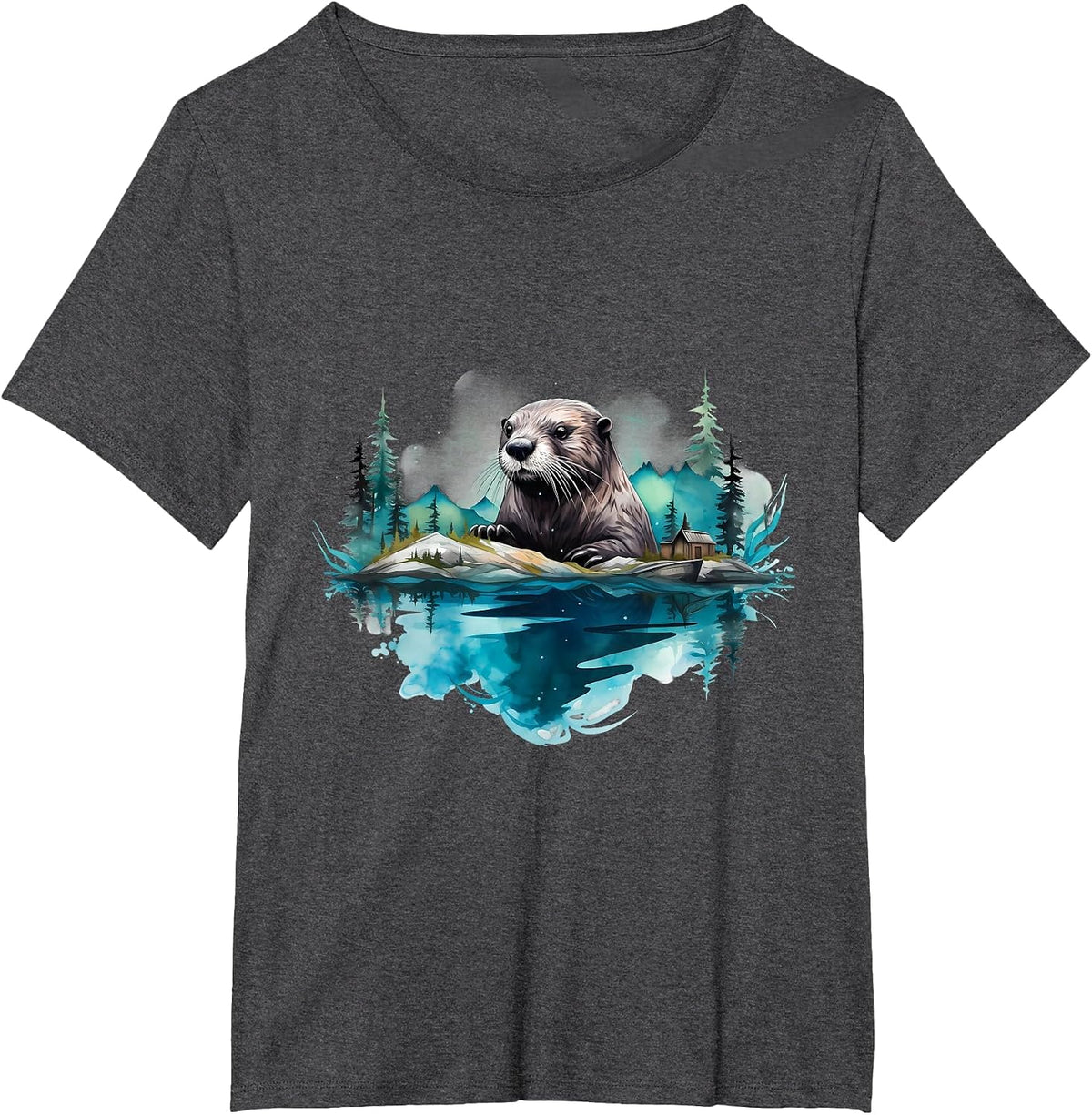 Otter Landscape Wildlife Nature Forest Artwork Motif T-Shirt - Dark Heather Grey