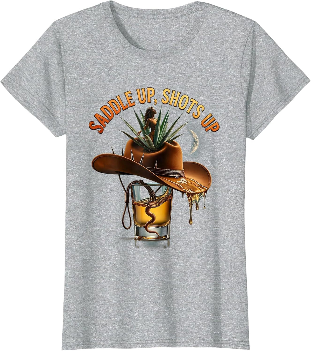 Women's Saddle Up Shots Up Cowboys and Tequila Design T-Shirt - Heather Grey