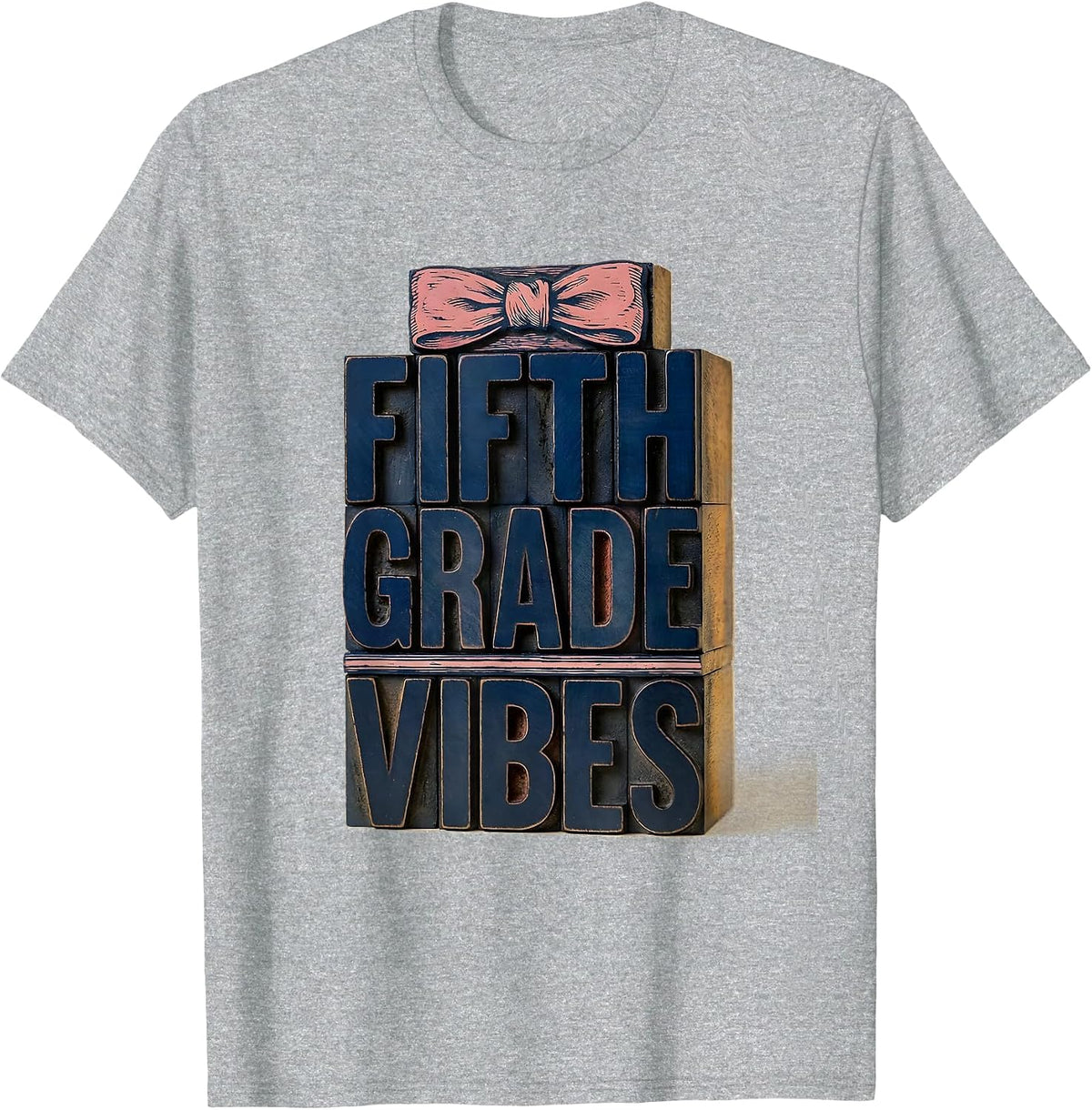 Men's Fifth Grade Vibes Wood Type Letterpress Bow Back To School T-Shirt - Heather Grey