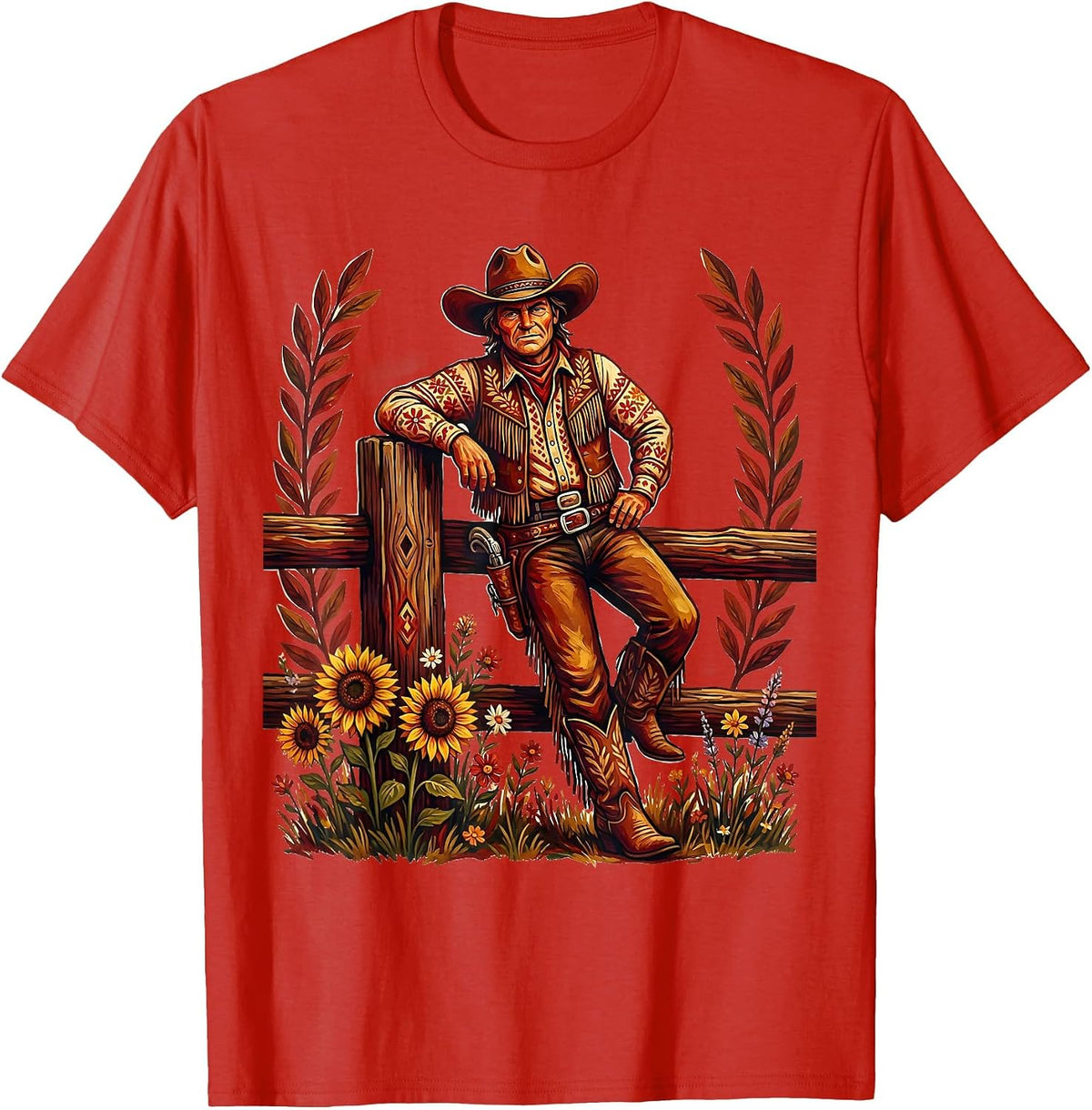 Men's Cowgirl Leaning on Fence Post Illustration T-Shirt - Red