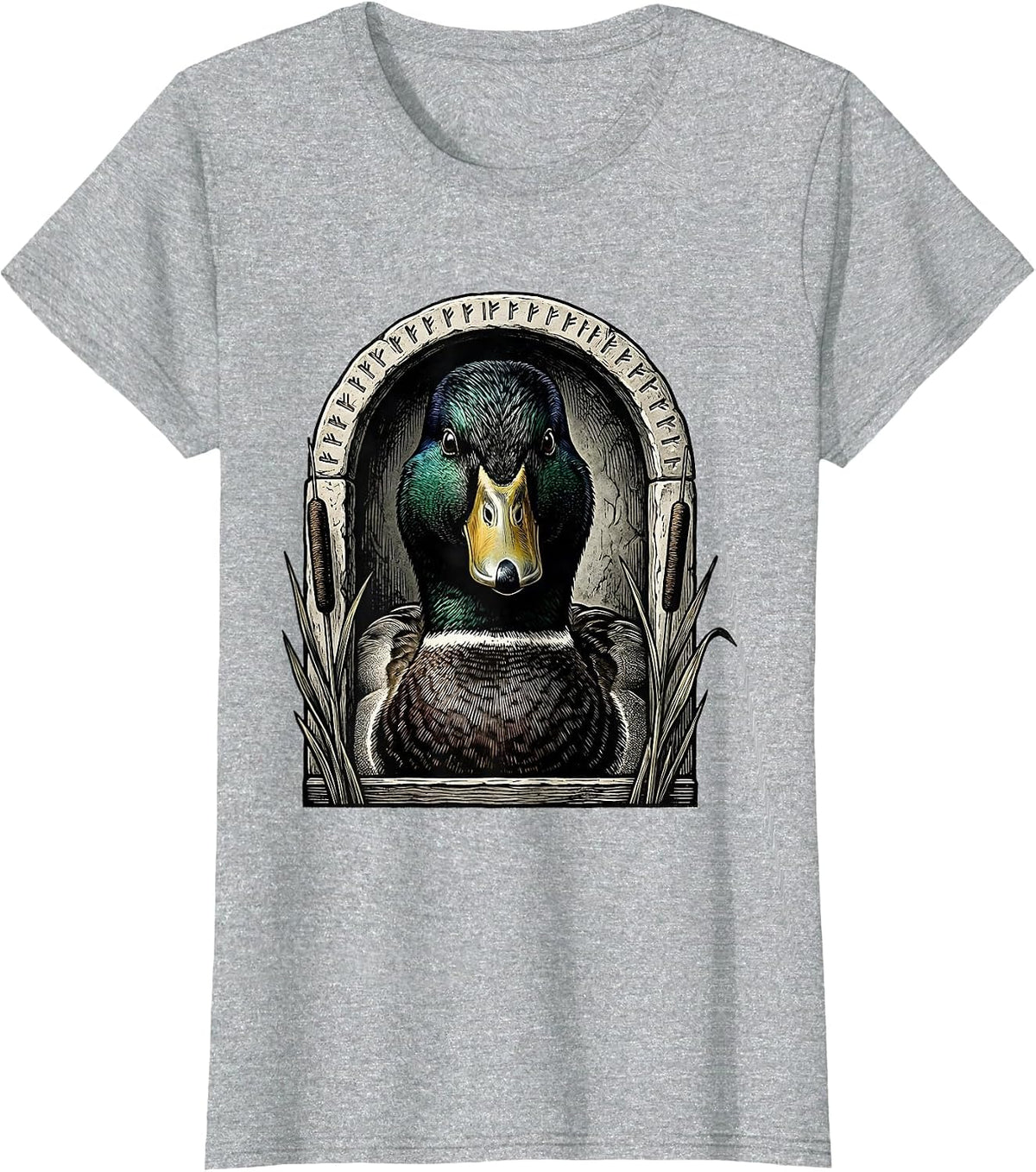 Mallard Drake Bust Duck Hunting Camo Wildlife Engraving T-Shirt - Heather Grey