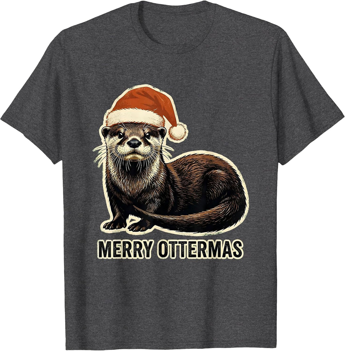 Merry Ottermas Rubber Stamp Funny Animal Christmas Otter T-Shirt - Dark Heather Grey