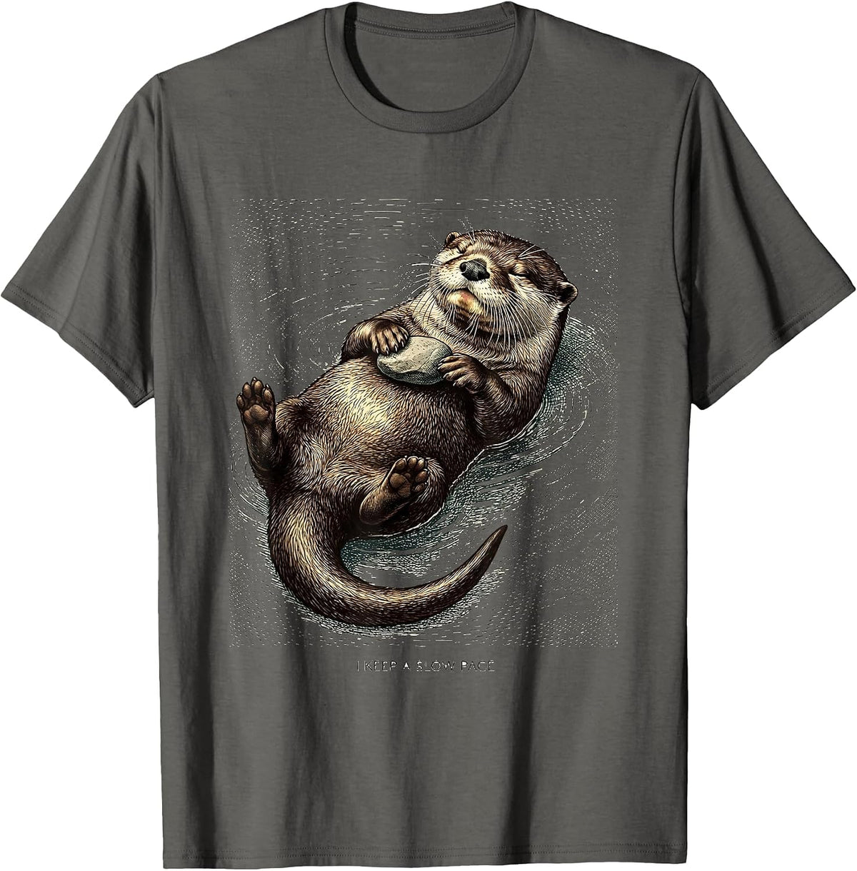 I Keep A Slow Pace Crosshatch Etching Otter Lover Nature T-Shirt - Asphalt Grey