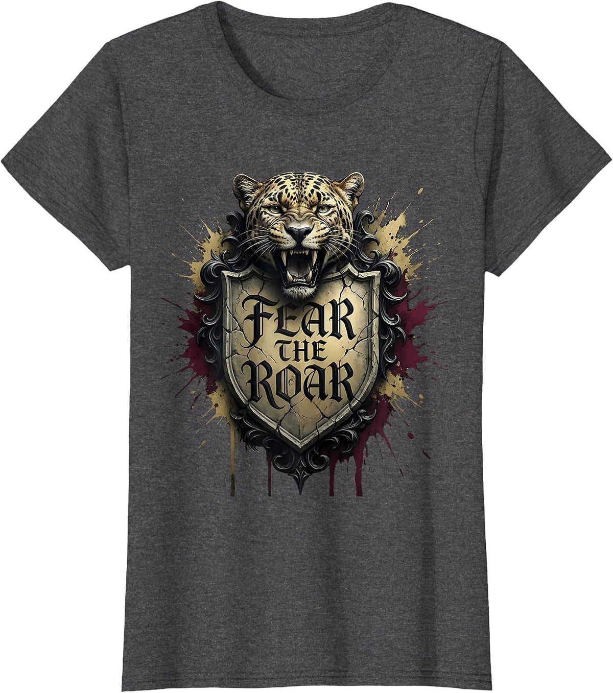 Women's Fear the Roar Panther Football Grunge Design T-Shirt - Dark Heather Grey
