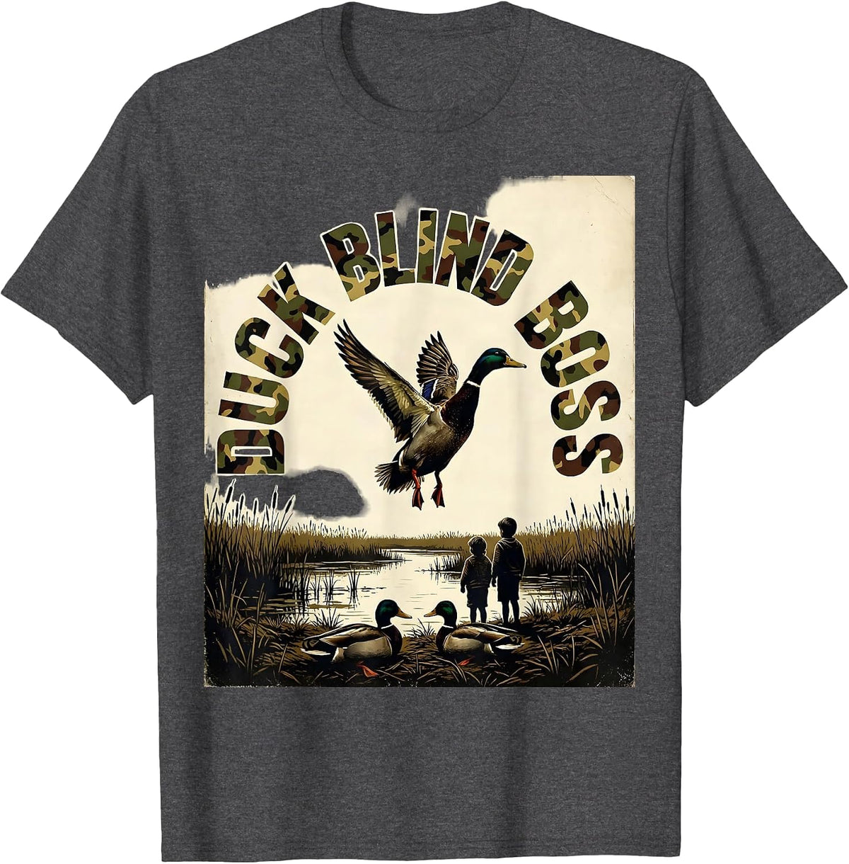 Men's Duck Blind Boss Vintage Duck Hunting Humor Camo Outdoorsman T-Shirt - Dark Heather Grey