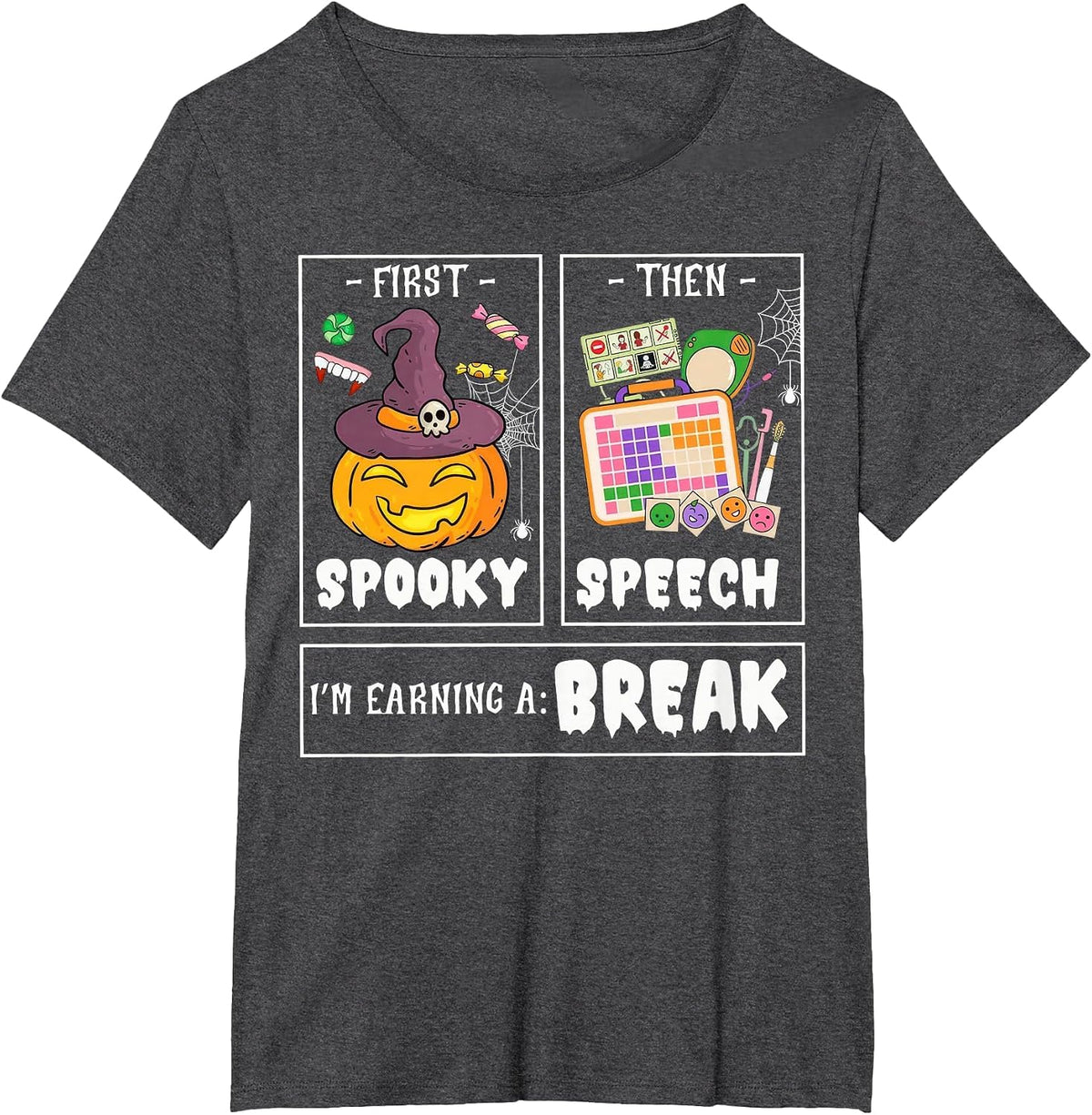 First Spooky Then Speech Therapy Pathologist SLP Halloween T-Shirt - Dark Heather Grey