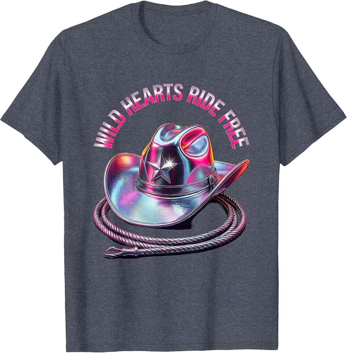 Wild Hearts Ride Free Cowgirl Design T-Shirt - Heather Blue