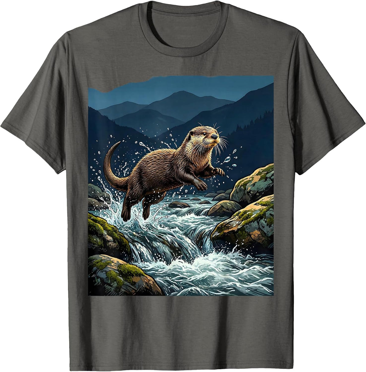North Carolina River Otter Mountain Stream Design T-Shirt - Asphalt Grey