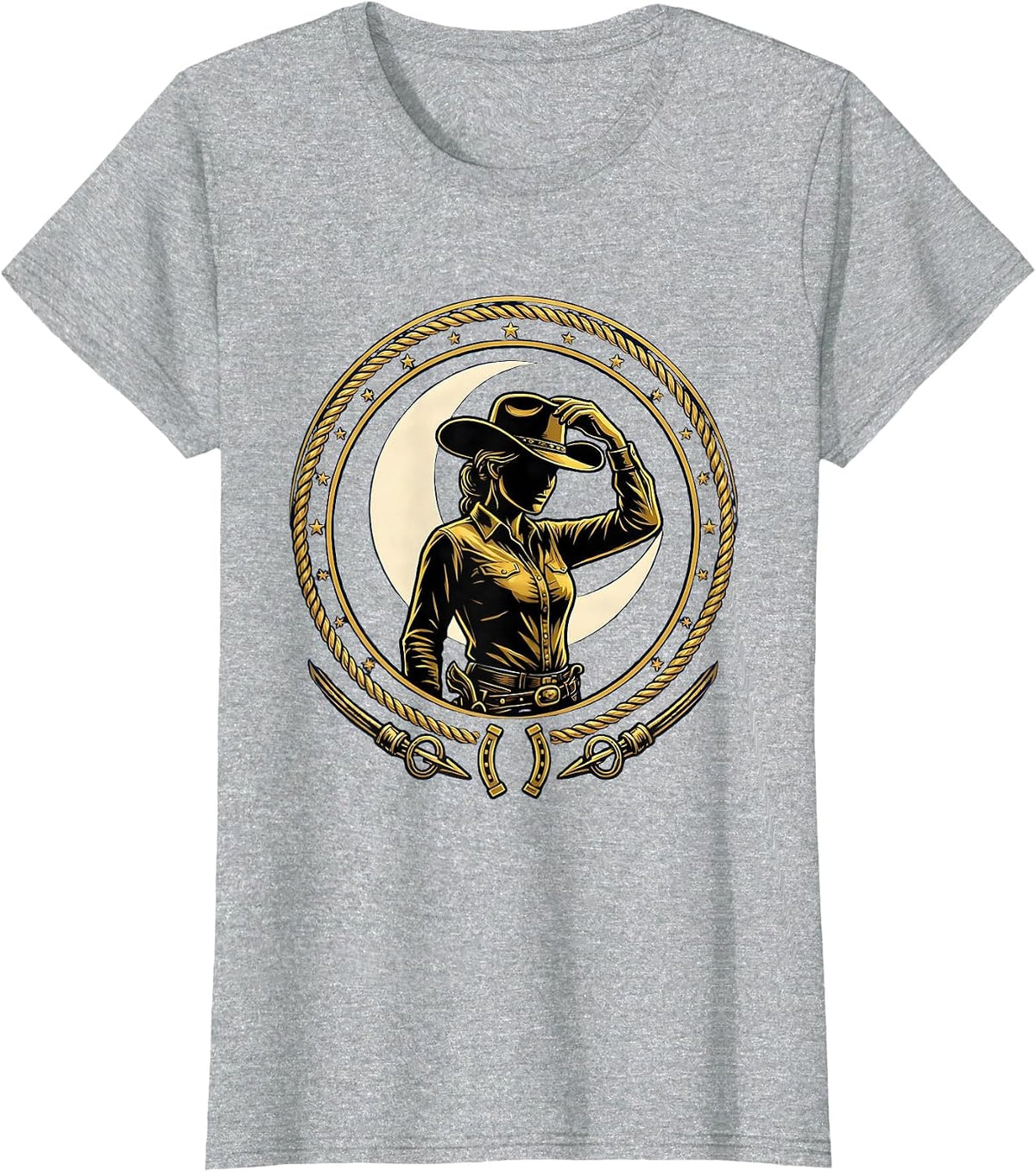 Cowgirl Tipping Hat Under Moonlit Sky Design T-Shirt - Heather Grey
