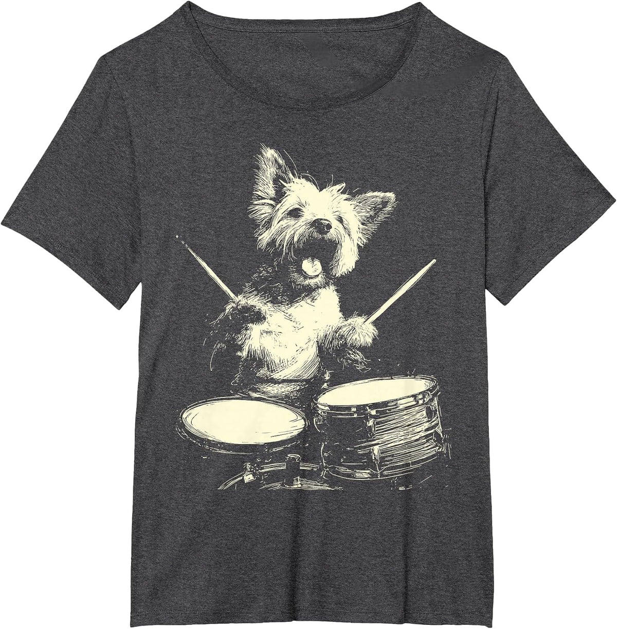 Cute Yorkshire Terrier Playing Drums Funny Music Dog Drummer T-Shirt - Dark Heather Grey