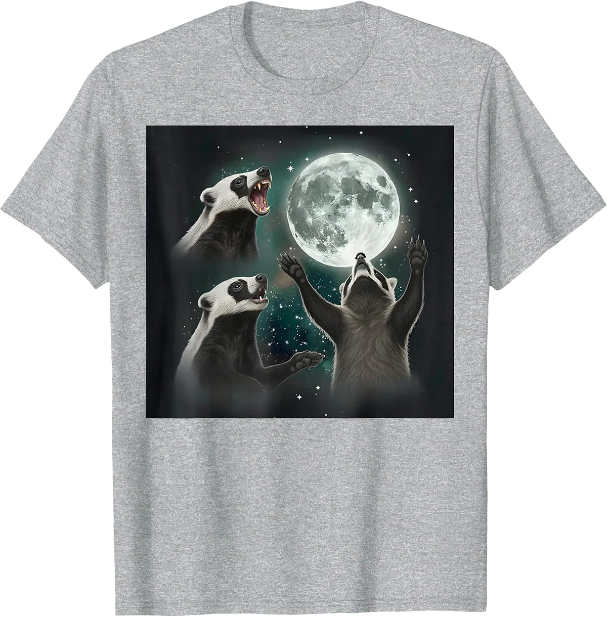 Three Honey Badger Howling At Moon Funny Weird T-Shirt - Heather Grey