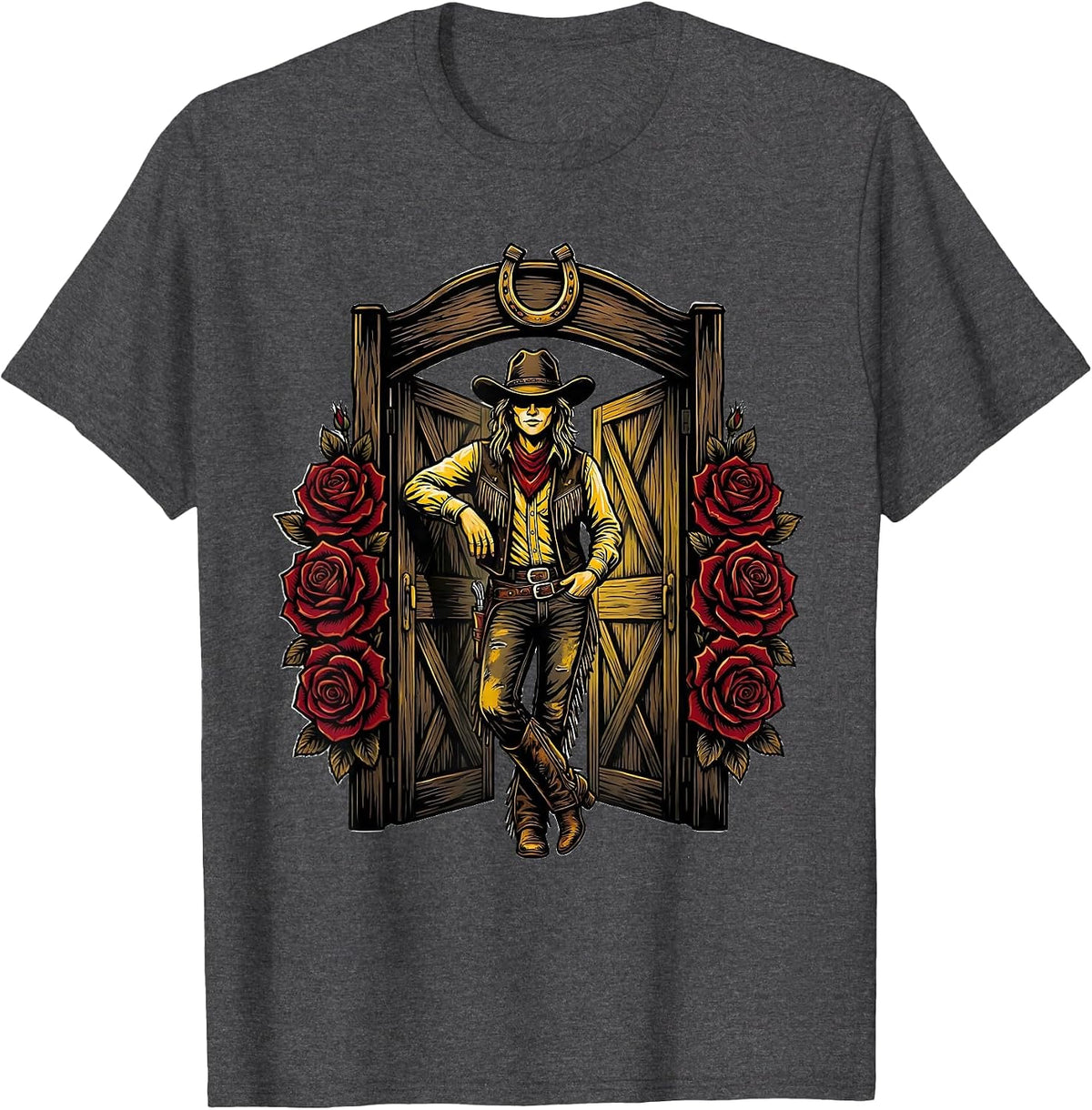 Cowgirl Leaning on Saloon Door Graphic T-Shirt - Dark Heather Grey