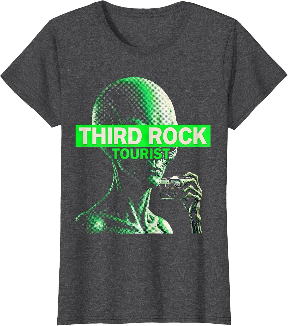 Women's Third Rock Tourist Alien Graphic Design T-Shirt - Dark Heather Grey