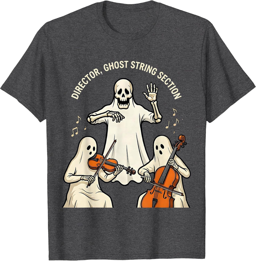 Men's Director Ghost String Section Funny Music Teacher Halloween T-Shirt - Dark Heather Grey
