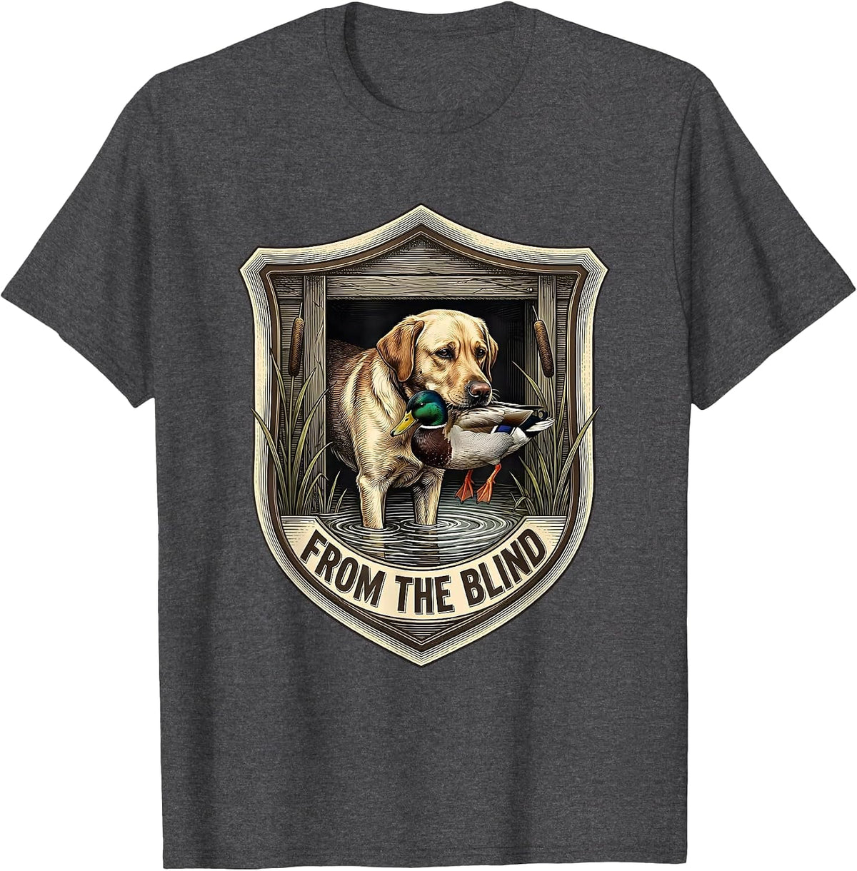From The Blind Crosshatch Etching Hunting Dog Waterfowl T-Shirt - Dark Heather Grey