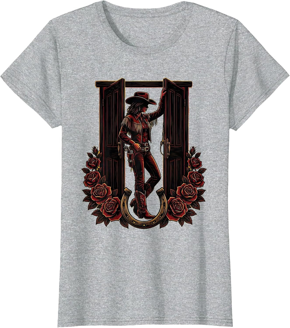 Cowgirl Leaning Against Saloon Door Graphic T-Shirt - Heather Grey