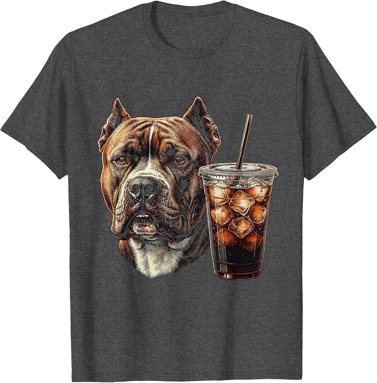 Pitbull Drinking Iced Coffee Dog Lover Humor T-Shirt - Dark Heather Grey
