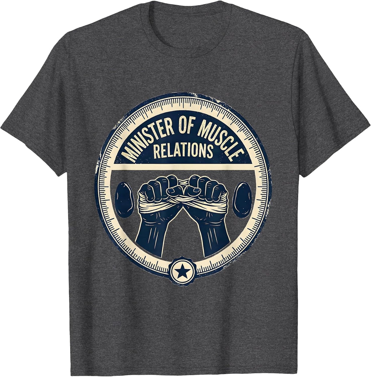 Men's Minister Of Muscle Relations Funny Massage Therapist T-Shirt - Dark Heather Grey