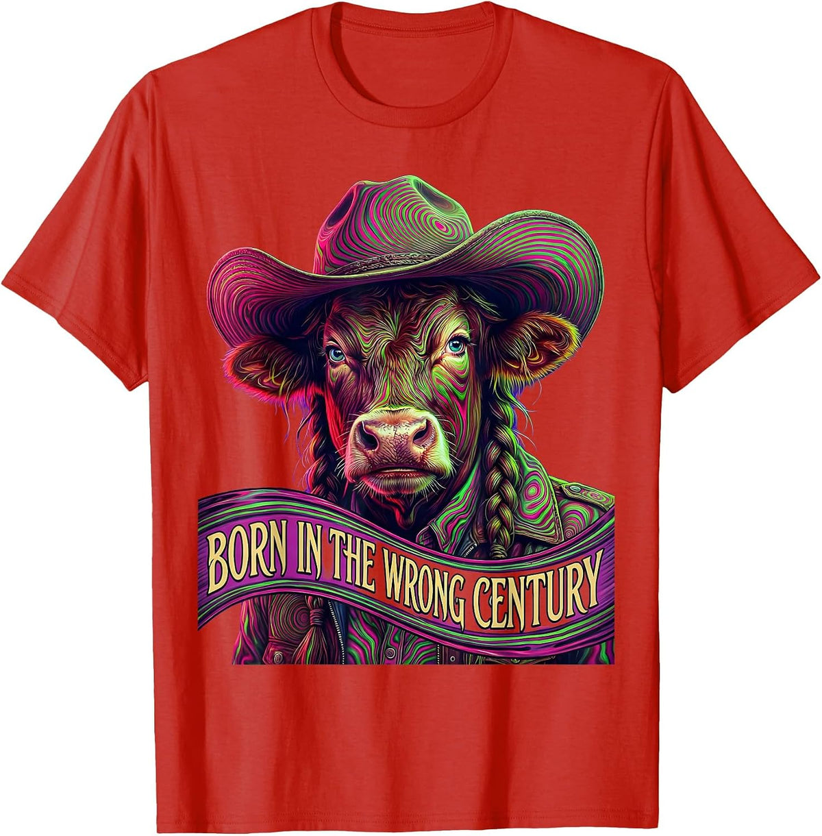 Men's Born in the Wrong Century Cowboy Design T-Shirt - Red