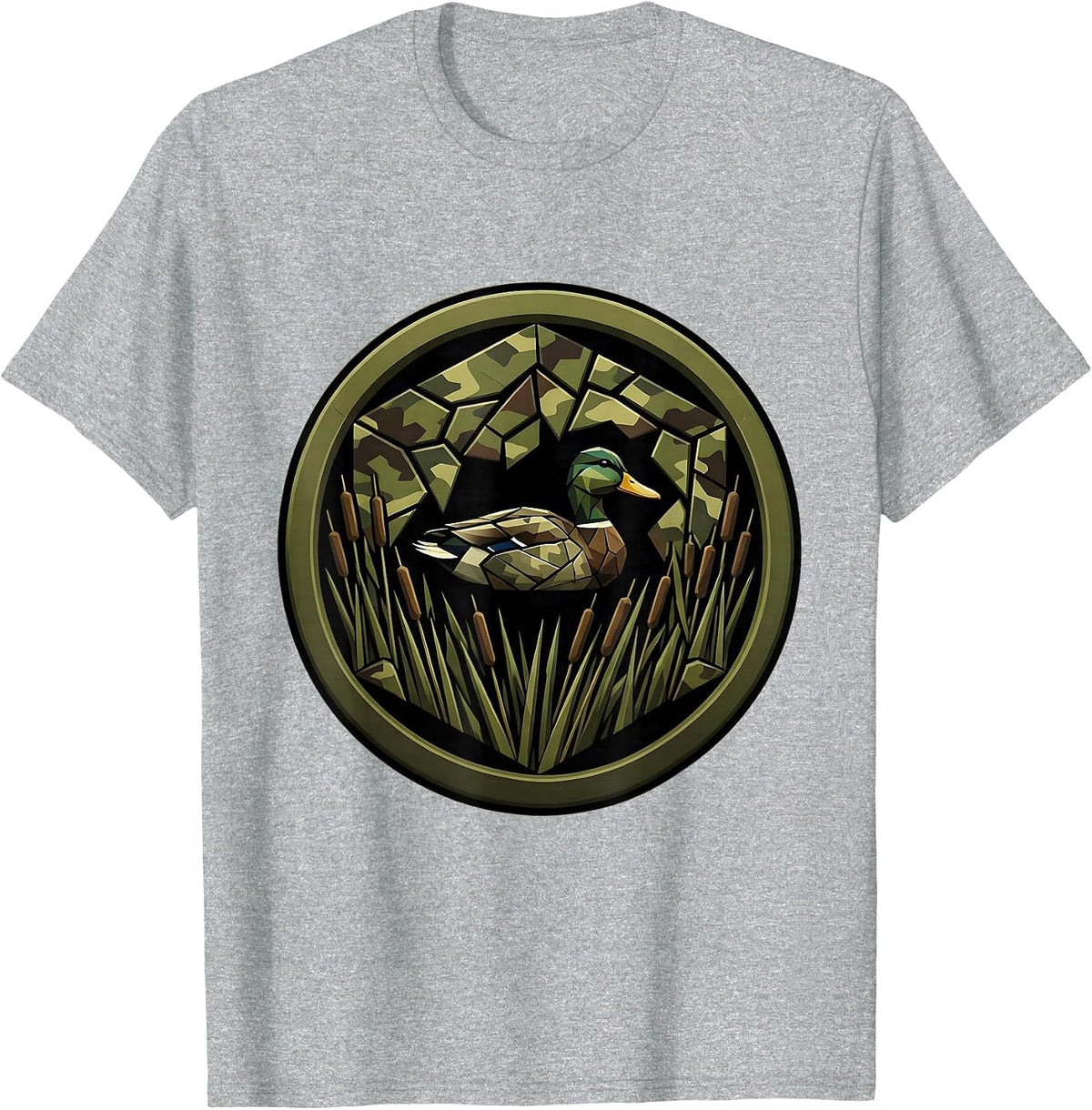 Men's Camo Duck Blind Cattail Marsh Hunting Illustration T-Shirt - Heather Grey