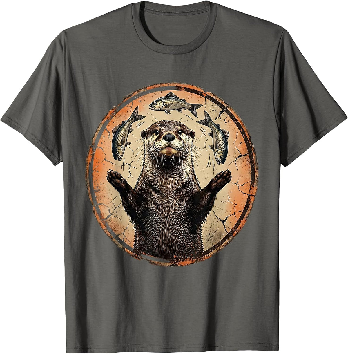 Funny Otter Juggling Fish Graphic Design T-Shirt - Asphalt Grey